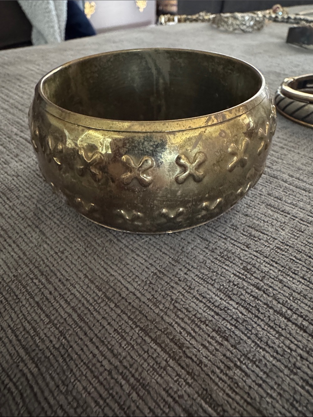 Vintage Indian Brass Bangle, Wide Embossed Cross Pattern Boho Cuff Bracelet